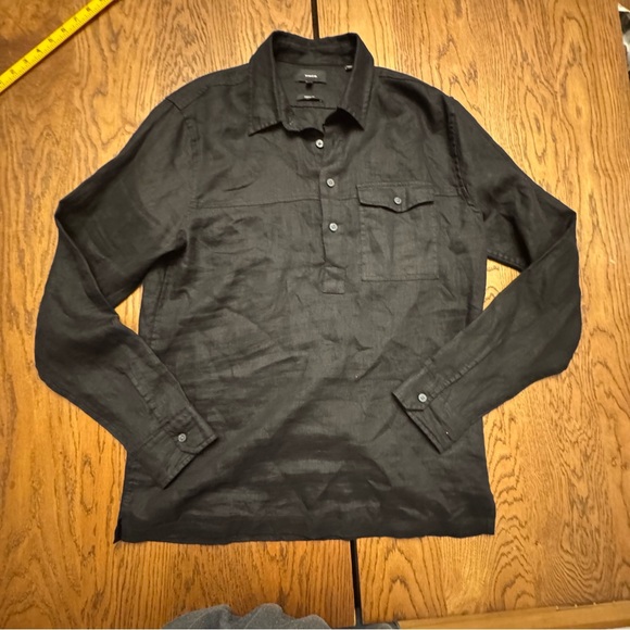 Vince Men's Black 100% Linen Popover Casual 1/4 button down - Picture 2 of 10
